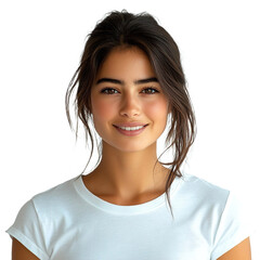 Fototapeta premium Front view close up of an extremely beautiful young woman from Armenia in a white t-shirt smiling isolated on a white transparent background