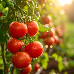 Fresh tomatoes on vine, glistening with dew drops