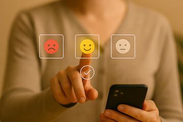 Customer selects a happy face emoji on a touchscreen interface