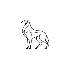 Stylized line art depiction of a graceful, canine-like creature, possibly a wolf or dog breed, standing alert.