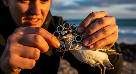 Person helping a bird trapped in plastic rings, showing environmental concern and animal rescue.