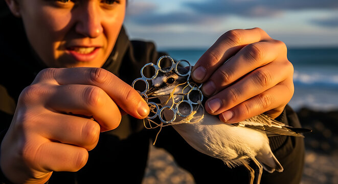 Person helping a bird trapped in plastic rings, showing environmental concern and animal rescue.