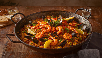 Fototapeta premium High-end seafood paella served in an iron skillet