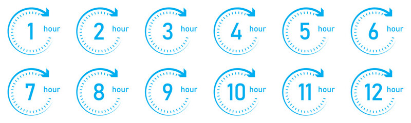 Set of 12 circular clock icons in blue color showing 1 to 12 hours with bold numbers and clockwise arrows. Perfect for time management, scheduling, deadlines, and business presentations.