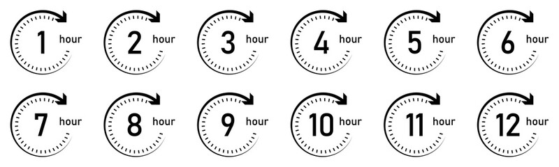 Set of 12 circular clock icons showing 1 to 12 hours with bold numbers and clockwise arrows. Perfect for time management, scheduling, deadlines, and business presentations.