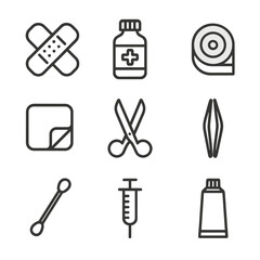 Obraz premium Wound Care Icons. Outline icon set of wound treatment: bandage, antiseptic bottle, medical tape, gauze pad, scissors, tweezers,