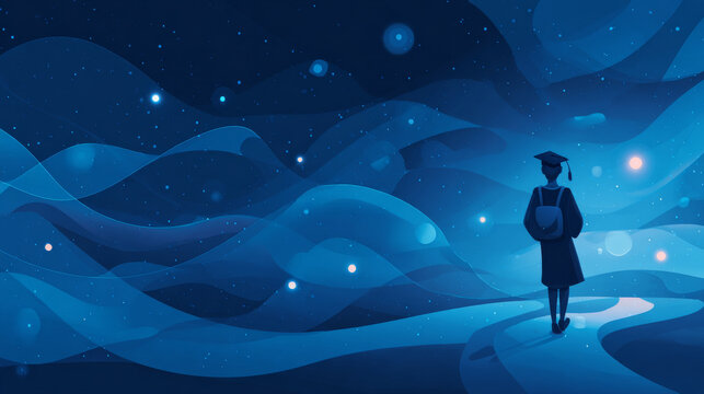 Educational trajectory, successful education journey, academic achievment and growth futuristic concept in glowing low polygonal style on blue background. Modern abstract design vector illustration