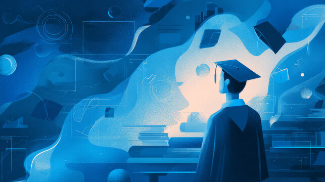 Educational trajectory, successful education journey, academic achievment and growth futuristic concept in glowing low polygonal style on blue background. Modern abstract design vector illustration