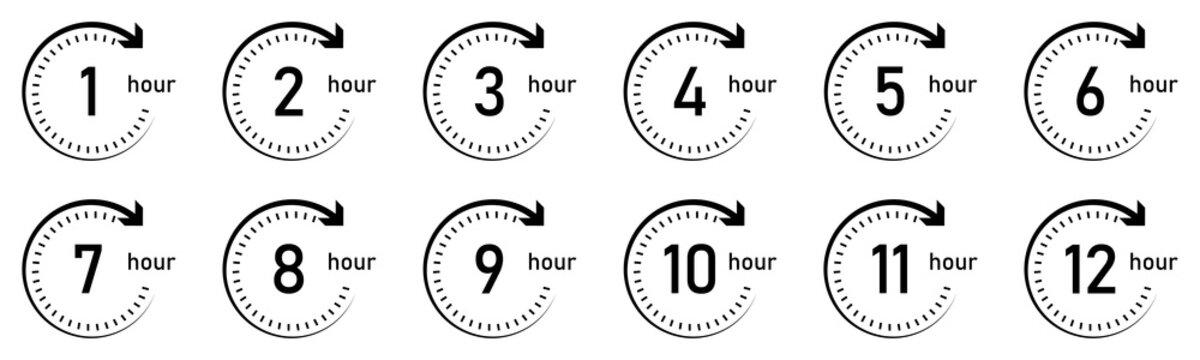 Set of 12 circular clock icons showing 1 to 12 hours with bold numbers and clockwise arrows. Perfect for time management, scheduling, deadlines, and business presentations.