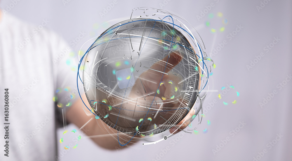 Poster abstract image of a person holding a futuristic globe, representing global networking and technology