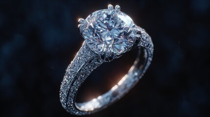 Stunning diamond engagement ring set in elegant white gold with intricate detailing against a dark backdrop
