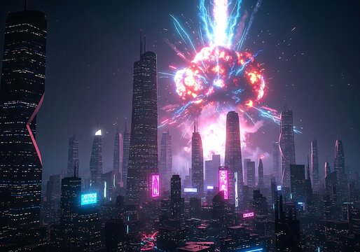 Futuristic cityscape at night with a large explosion. - Powered by Adobe