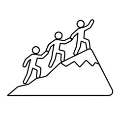 Fototapeta premium Three people climbing mountain icon in outline style representing teamwork and achievement