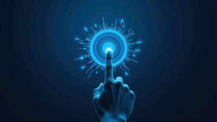 Glowing blue circular interface is activated by finger touch, surrounded by radiant energy bursts, creating futuristic and dynamic atmosphere