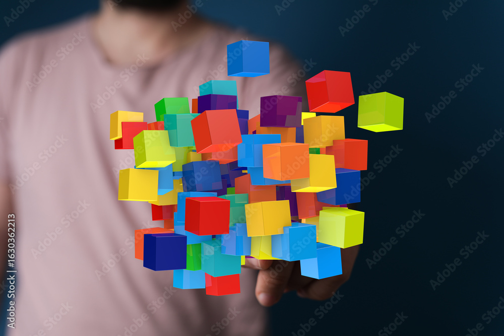 Poster abstract image of colorful cubes, representing data, innovation, and technology.