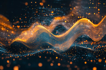 Generative AI abstract visualization of colorful sound waves and acoustic data flow with glowing particles in motion across dark background