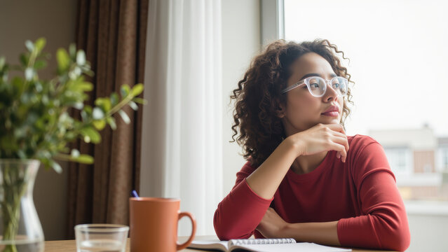 Thoughtful woman gazes out window, reflecting her day while seated table with notebook and warm beverage. cozy atmosphere is enhanced by natural
