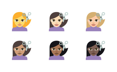 Illustration of six diverse women with scissors cutting their hair in a salon setting on a white background
