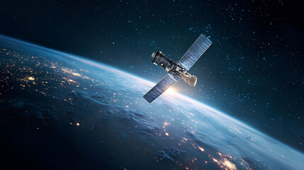 Sleek High-Tech Artificial Satellite Orbiting Earth Amid Twinkling Stars Stock Illustration