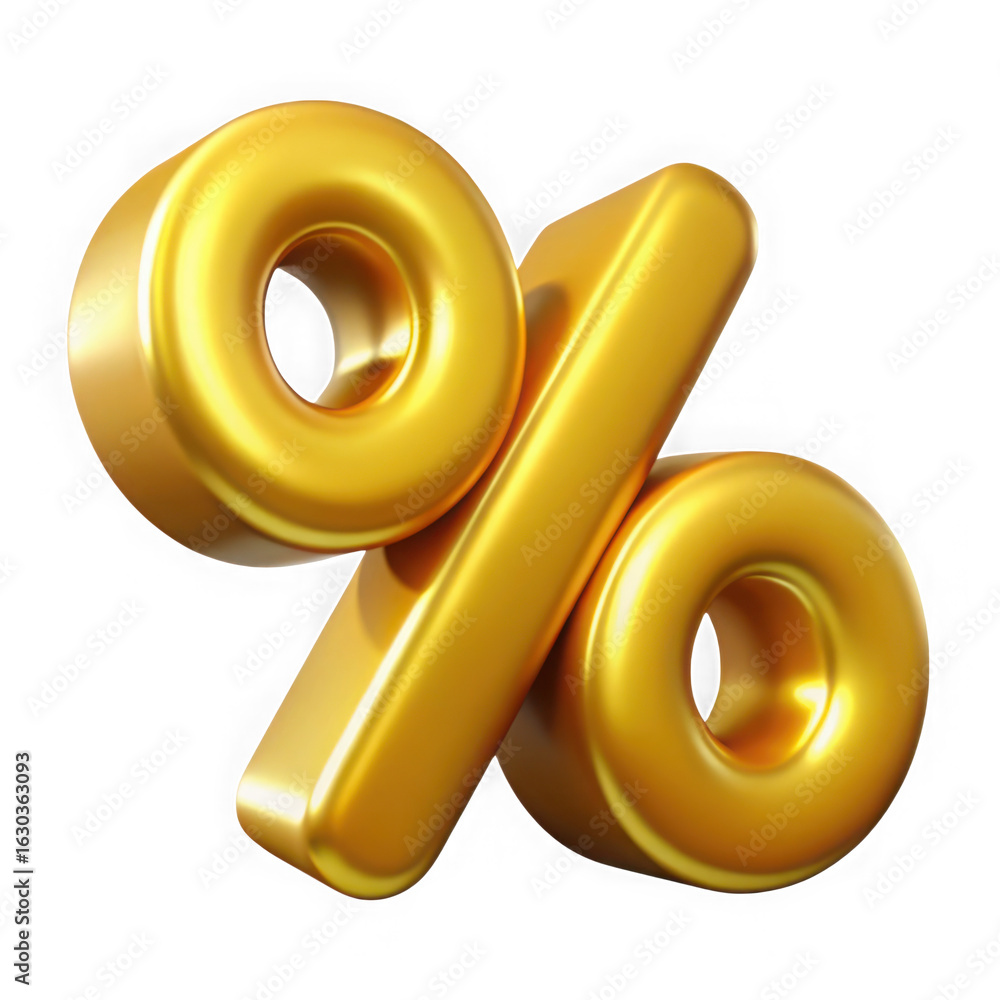 Poster shiny golden three dimensional percentage symbol with a metallic sheen isolated on transparent backg