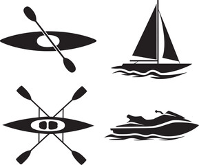 A Silhouette Icons of Watercraft Sports on White Background – Sailboat, Kayak, Rowboat, Jet Ski, vector illustration of a sailing boat