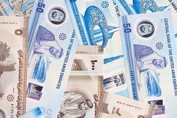 United Arab Emirates dirham currency money bills. The current banknotes lies on table in big amount