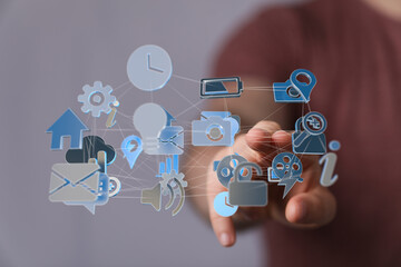 Hand interacting with digital icons, network, connection, technology, communication, global, internet