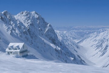 Obraz premium Snow-covered mountains and a rustic chalet nestled among breathtaking peaks under a clear blue sky showcasing extreme winter beauty and tranquil atmosphere captured with clarity