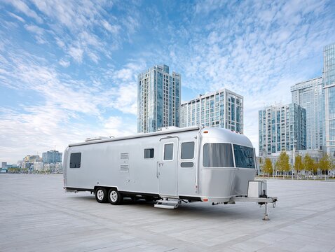 Luxury Silver Camper in Modern City Setting: A Journey of Urban Exploration and Freedom on the Open Road