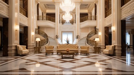 A spacious luxury hotel entrance hall with high ceilings, white marble floors, warm walnut wood panel walls, a massive crystal chandelier, and plush seating areas in muted cream tones, full frame,