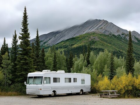 RV Adventure: Majestic Mountain Views and Serene Forest Camping. Explore the great outdoors and create unforgettable travel memories!