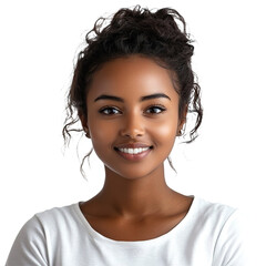 Fototapeta premium Front view close up of an extremely beautiful young woman from Mauritania in a white t-shirt smiling isolated on a white transparent background.