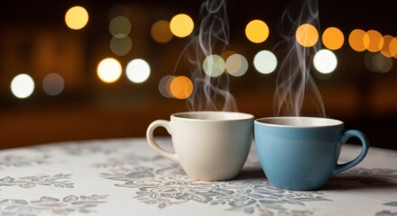Obraz premium A Quiet Moment for Two: Steaming Mugs Against a Night City Glow