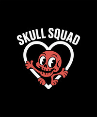 SKULL SQUAD Cartoon – Red Skull with Arms and Legs Inside White Heart on Black Background for Punk and Playful Merchandise