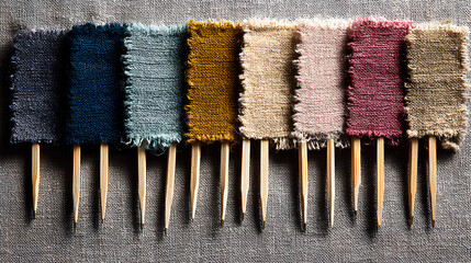 Soft Light on Wool Swatches with Wooden Pins and Thread