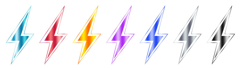Gradient lightning bolt or thunderbolt vector icon set illustration with vibrant colors flash like red, blue, yellow, purple, and silver. Perfect for electric icons, pop art graphics, energy symbols, 