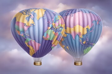 Colorful hot air balloons with world map design soaring through the sky against a cloudy backdrop evoke a sense of adventure and exploration in vibrant travel experiences