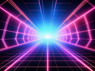 Vibrant neon grid tunnel with bright light ahead, perfect for futuristic tech and gaming visuals