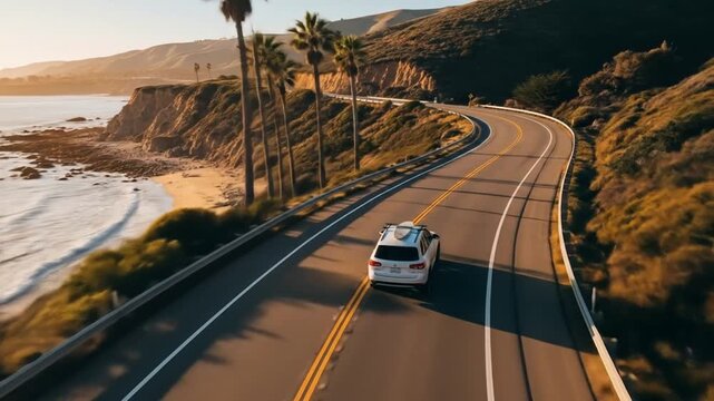 White Car Driving on Scenic Coastal Highway at Golden Sunset