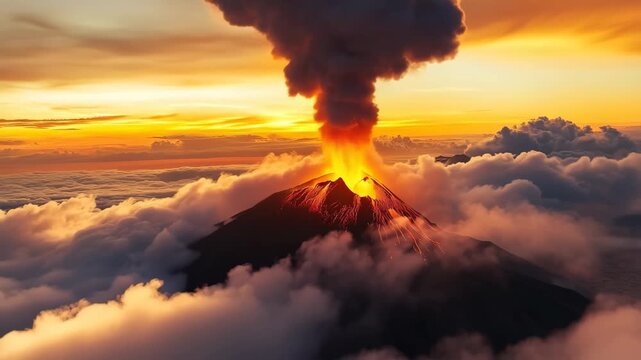 Witness the breathtaking eruption of a volcano against a backdrop of stunning sunset hues, as lava flows and smoke billow into the vibrant sky, creating a dramatic spectacle in nature.