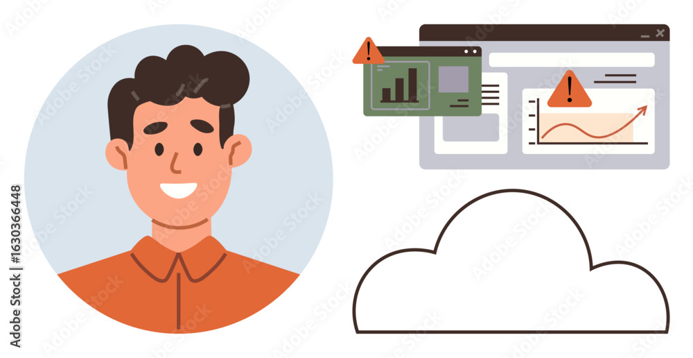 Poster smiling individual beside cloud and system alerts, graphs, warning icons. ideal for tech issues, dat