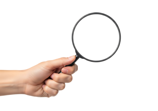 Hand holding a black magnifying glass for search, zoom, or inspection. Isolated on transparent background, png