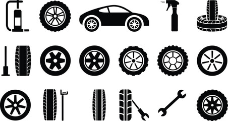 Car Tire and Repair Tool Vector Icons Set, Vector illustration