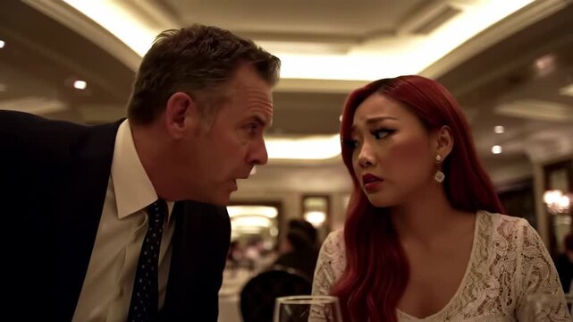 multiracial romantic couple meet in expensive restaurant, speaking in whispers and looking around. affair, lovers, secret date. intimacy, secrecy and tension. asian woman and caucasian man