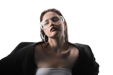 Beautiful young woman with black lip liner wearing glasses on white background