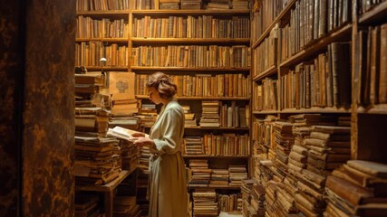  Immersed in knowledge – a woman browsing through a grand historic library. - Powered by Adobe
