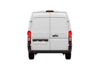 Rear view of a white delivery van for cargo and logistics mockup. Isolated on transparent background, png