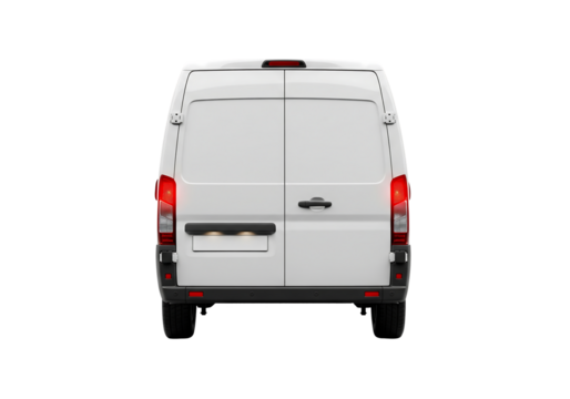 Rear view of a white delivery van for cargo and logistics mockup. Isolated on transparent background, png