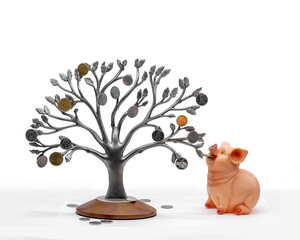 A piggy bank in the shape of a cute pig that collects coins from a money tree – a concept of...
