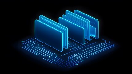 Glowing blue folders stacked above a circuit board on a black background, suggesting data storage and digital connectivity